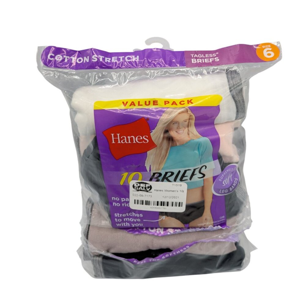 Hanes Women’s Size 6 Medium Cotton Stretch Tagless Briefs 10 Pack